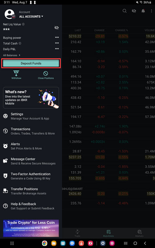 The deppsit funds button on the Android Tablet